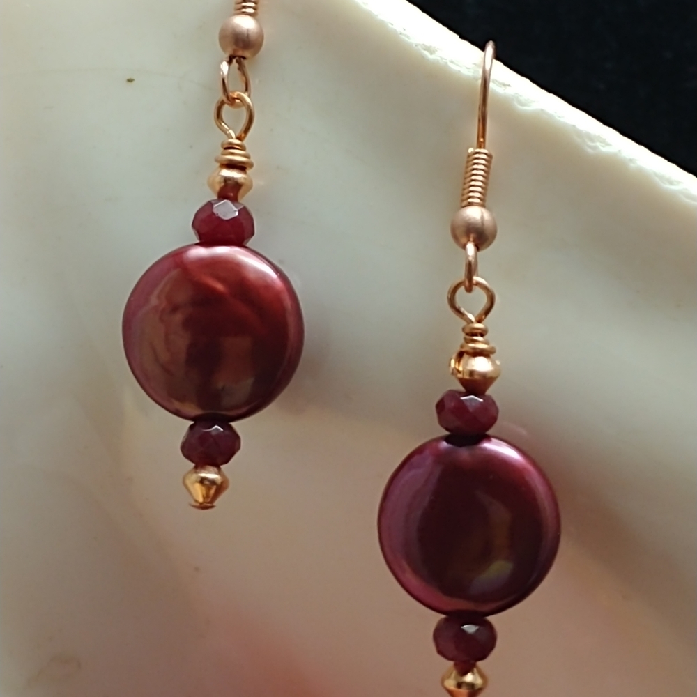 Handcrafted coin pearls, ruby & copper earrings